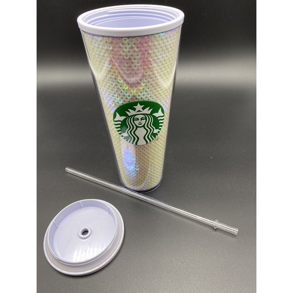Starbucks 24oz Venti WHITE PINK SEQUIN Cold Cup Tumbler‎ 2020 Holiday Purple Top - Picture 4 of 6